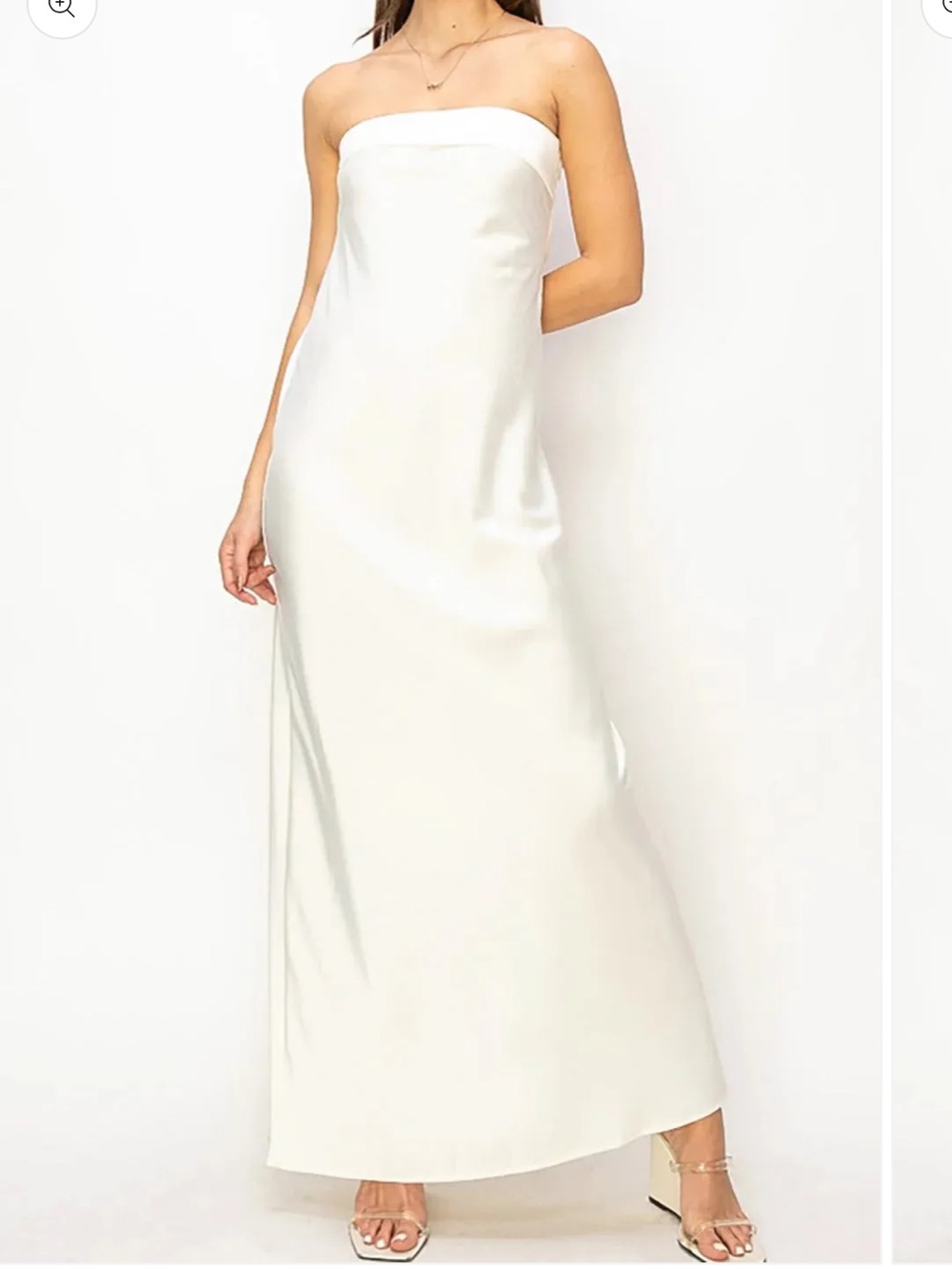 HYFVE Strapless Off White Satin Elegant Open Back Maxi Dress